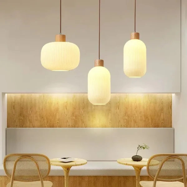 Japanese Style Wooden Restaurant Pendant Lamp Nordic Minimalist Cream Homestay Bar Counter Bedroom Headboard Glass Pendant Light - Image 3