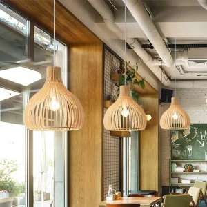 Minimalist Retro Solid Wood Chandelier Bamboo Art Birdcage Pendant Lamp for Bedroom Dining Room Study Home Decoration LED Light
